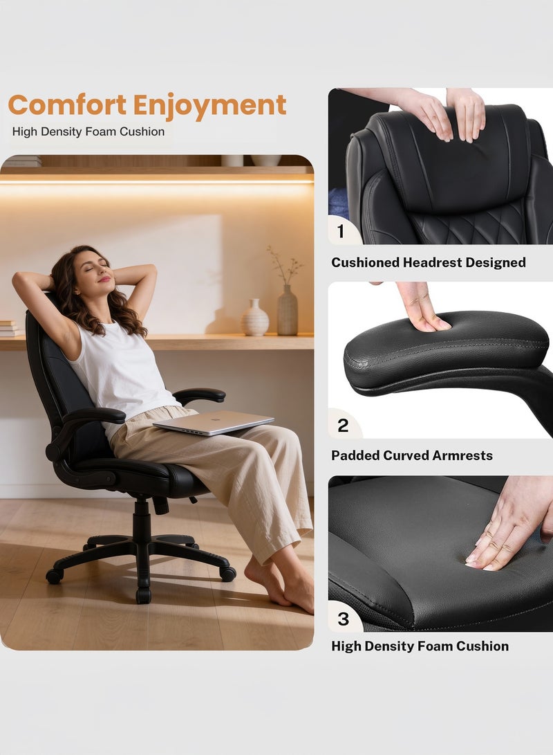 DROGO Ergonomic Premium Leatherette Office Chair for Work at Home, Computer Chair with Flip-Up Armrest, Height Adjustable Leather Seat, Cushioned Headrest, & Lumbar Support | Desk Chair with Multi Level Reclining Black - Image 5